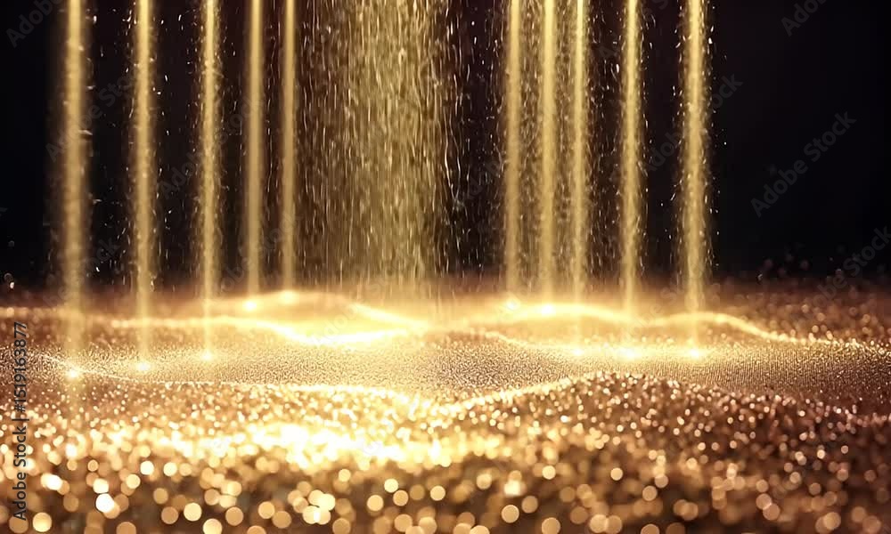 Poster elegant golden particles flowing down on a dark background with wavy glittering surface and spotligh