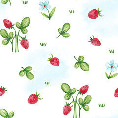 Strawberry seamless pattern hand drawn with watercolor. Cute childish pattern with summer berries. Colorful kid design for wallpaper, digital paper, packaging, textile, fabric and so on