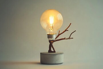 A glowing light bulb on a concrete base with small tree branches as a decorative element on a plain background