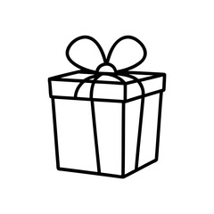 Outline illustration of a wrapped gift box with a decorative bow for celebration and festivities