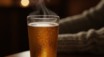 Close-up of a Steaming Glass of Light Brown Beer on a Wooden Table