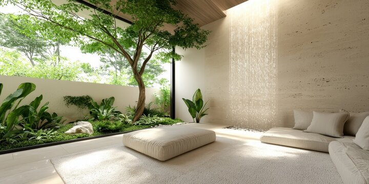Room garden waterfall concept. Modern interior featuring a serene indoor garden with natural light and minimalist decor.