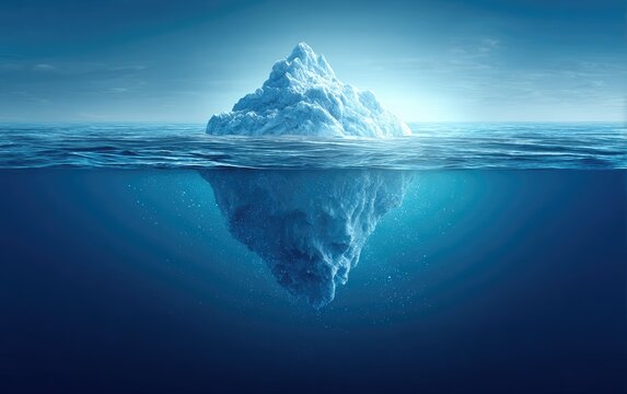 A majestic iceberg floats in the ocean, its massive underwater portion significantly larger than its visible part, creating a striking visual metaphor for hidden depths