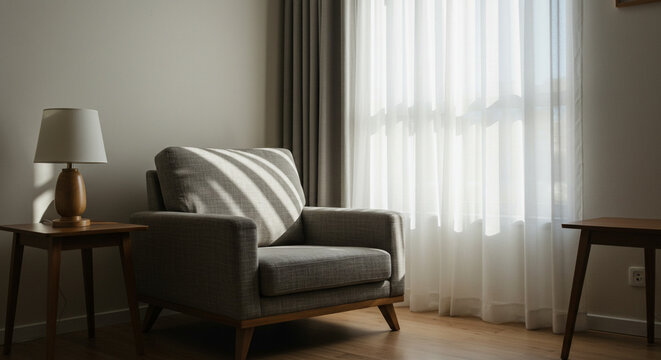 Comfortable armchair near window with elegant curtains in room,interior, room, sofa, living, furniture, home, design, chair, couch, house, wall, lamp, armchair, table, floor, window, comfortable, apar