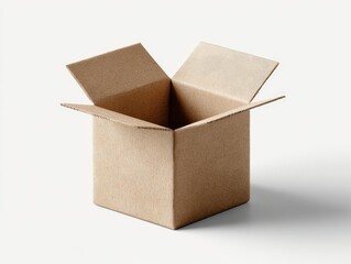 A simple, empty, square cardboard box sits open on a white background, its flaps slightly raised, showing the interior is vacant.  The box is light brown, unprinted, and appears new