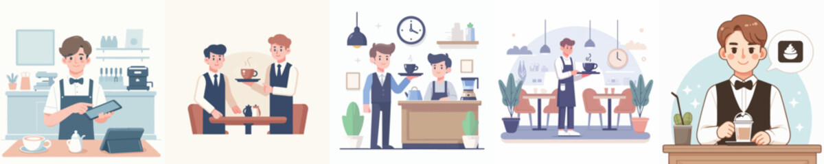 vector of a young man being a cafe waiter