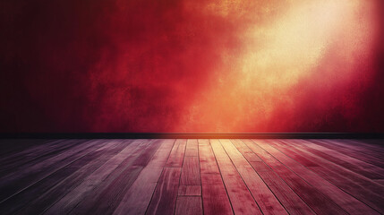 This picture shows an empty room with red walls and wooden floors, which appear warm and mysterious under soft lighting.