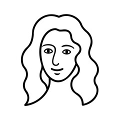 Simple and elegant black and white line drawing of a woman's face with flowing hair.