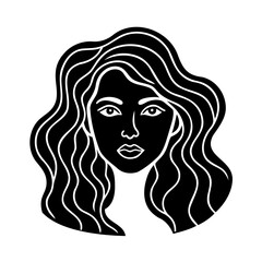 Elegant black and white illustration of a woman with long wavy hair silhouette