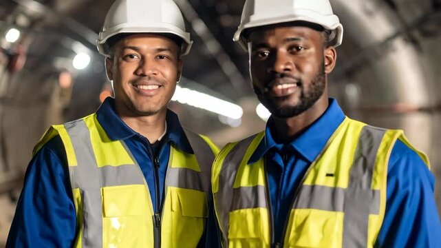 Two diverse male construction workers in safety vests and hard hats stand in a tunnel smiling towards camera