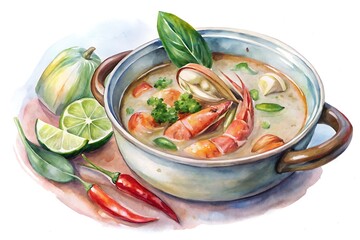 Traditional Thai Tom Yum Goong spicy shrimp soup with lemongrass, chili, lime leaves, and herbs illustration for menus, packaging, restaurant design, and branding.