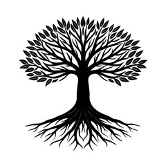 Naklejka premium Silhouetted illustration of a tree with roots and leaves isolated on white background
