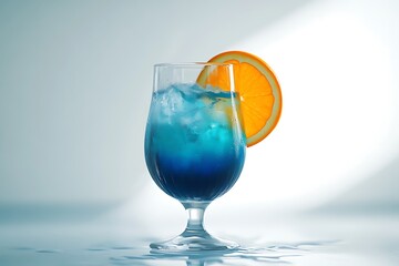 A blue cocktail with ice in a glass garnished with an orange slice on a white background surface