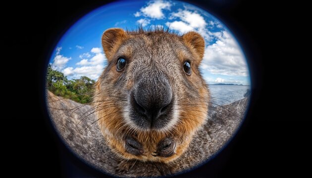 Adorable Quokka Portrait in a Wild Jungle, Captured through a Fish Eye Lens, Showcasing Cute Furry Animals Joyous Mood in Vibrant Green Forest
