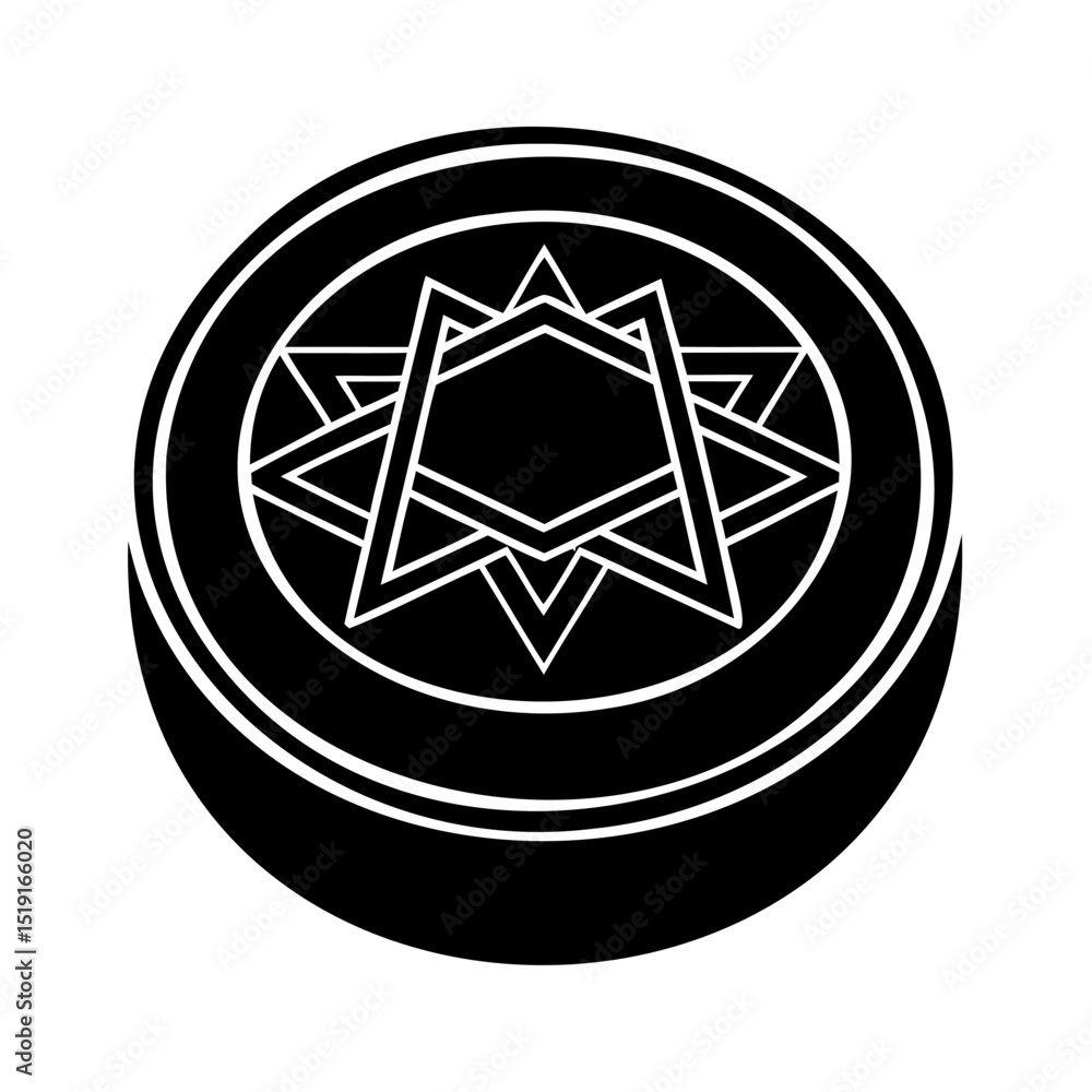 Poster geometric symbol design featuring a star element inside a circle with a crescent shape