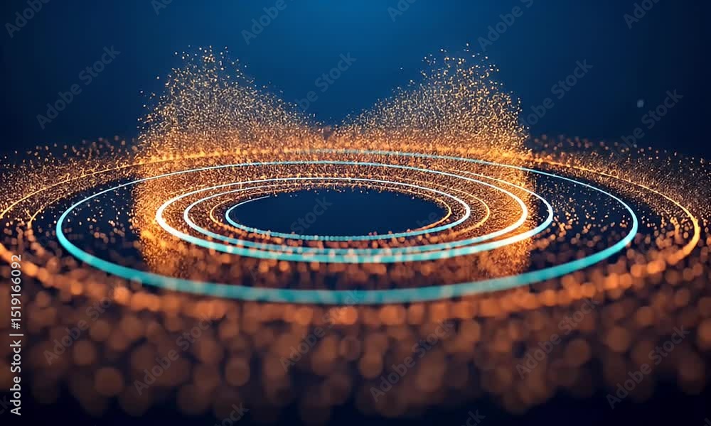 Poster glowing circles of orange and cyan particles with blue background futuristic abstract digital animat