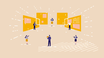 People interacting with digital screens in a virtual or augmented reality environment in a stylized scene