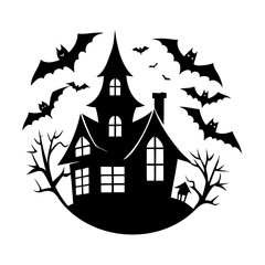 Silhouette halloween haunted house with bats flying in spooky dark night scene