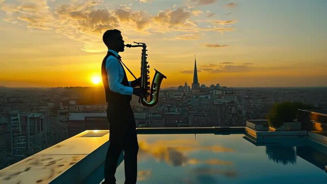 A silhouetted saxophonist playing at sunset on a rooftop.