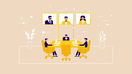 Naklejka premium Illustration of a virtual meeting with three screens above a table and three people present