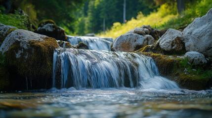 This picture shows a clear stream with water flowing down from rocks, surrounded by lush green vegetation, creating a pleasant scene.