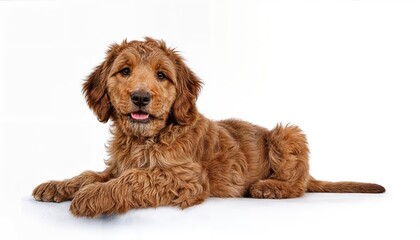 SidewaysLying Adorable Red Cobberdog Labradoodle Puppy in a Cozy Environment, Showcasing Playful Energy and Soft Textures, Capturing Joy in Every Snapshot.