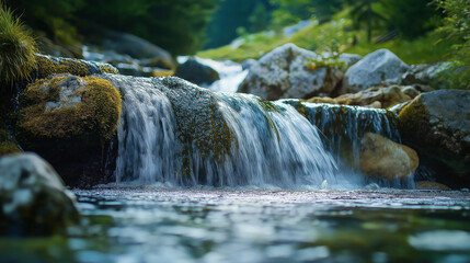 This picture shows a clear stream with water flowing down from rocks, surrounded by lush green vegetation, creating a pleasant scene.