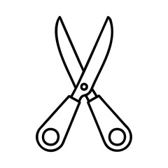 Simple black and white outline illustration of an open pair of scissors ready for cutting