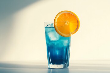 A blue cocktail with ice cubes and an orange slice on a light background in a glass cup drink