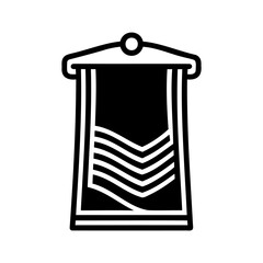 Black and white vector graphic of a towel displayed on a hanging rack with decorative elements.