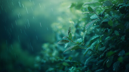 This picture shows lush green plants in the drizzle, appearing particularly fresh with water droplets shimmering on leaves, creating a tranquil and vibrant atmosphere.
