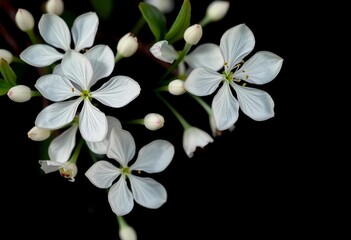 Obraz premium Stark white blossoms sharply contrast a deep black backdrop, exhibiting fine detail and texture, generative art, close-up