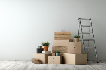 Cardboard boxes, potted plants, and a stepladder are arranged against a light-grey wall in an empty room, suggesting a move or home renovation