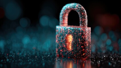 A 3D rendered padlock, seemingly composed of glowing particles, sits on a dark, glittering surface.  The keyhole is illuminated, suggesting security
