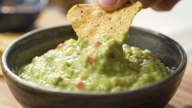 Freshly made guacamole with avocado vibrant green dip in a bowl perfect with tortilla chips