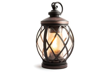 Illuminated bronze metal and glass lantern with decorative cage on a white background studio shot