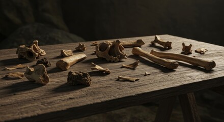 Scattered Bones and Skull on Wooden Table