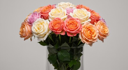 Pastel Roses Bouquet in Glass Vase
