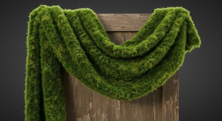 Green Moss Draped on Rustic Wooden Background