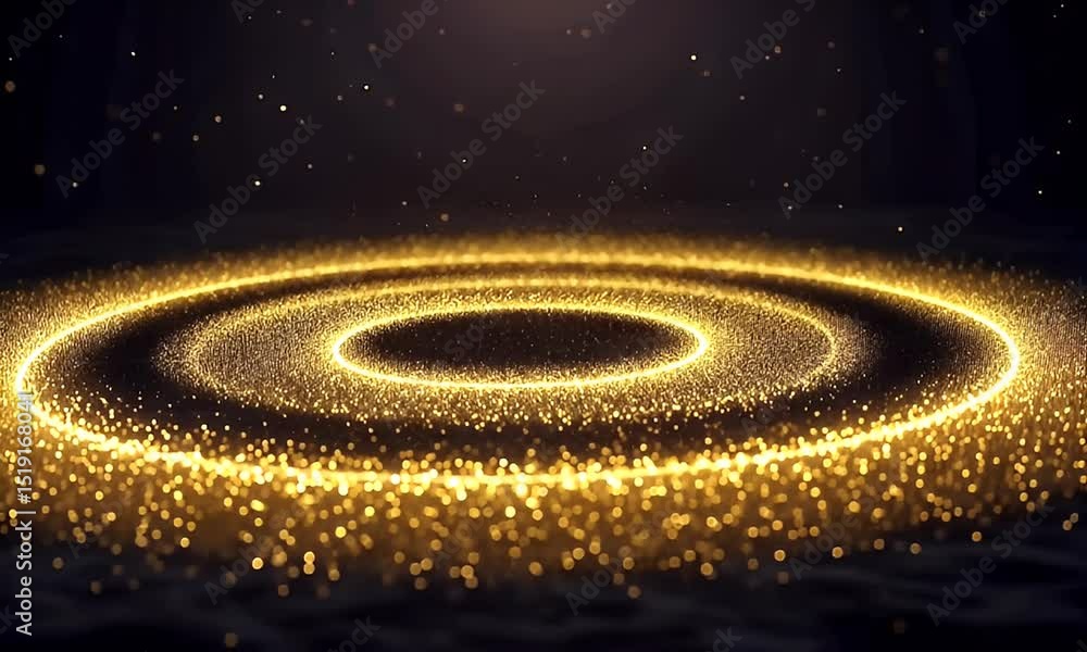 Poster golden rings of sparkling particles floating in dark ambient space abstract background glowing with 