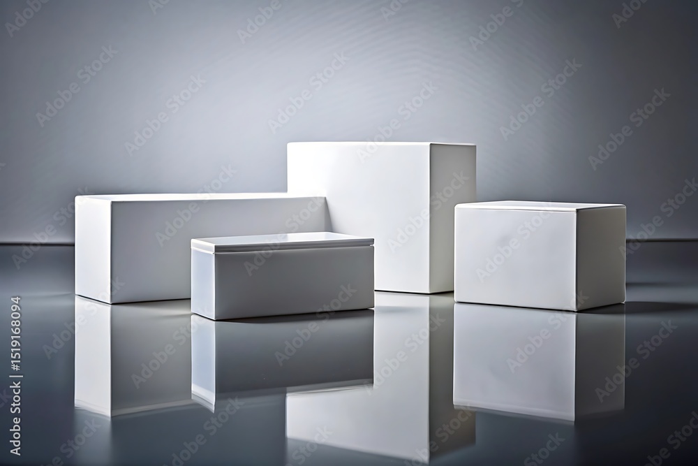 Poster Four white geometric boxes are arranged on a reflective surface in a studio setting