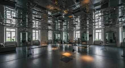 Reflective Hallway Installation: Dark Interior with Geometric Mirrors