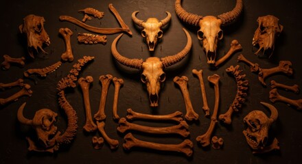 Collection of Animal Bones and Skulls on Dark Background
