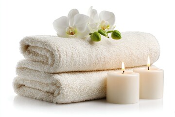 A stack of fluffy, off-white towels sits on a white background, adorned with white orchids and flanked by two burning candles.  The scene evokes serenity and relaxation