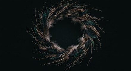 Dark Teal and Brown Feather Wreath on Black Background