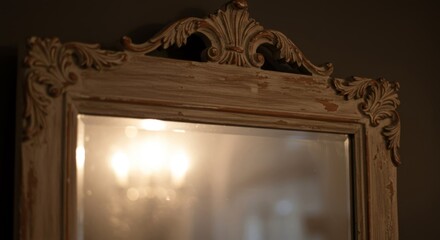Antique Ornate Mirror with Grey Wooden Frame and Light Reflection