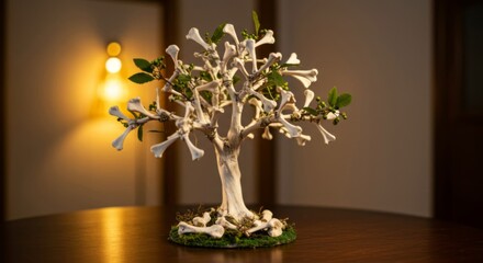 White Bone Sculpture Tree on Wooden Table