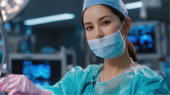 Focused asian female doctor in full ppe working in bright operating room during a surgical procedure - Powered by Adobe