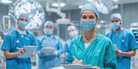 Team of doctors and nurses smiles while working in an Operating Room at Hospital