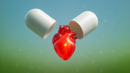 Realistic human heart emerging from a capsule with a bright background and symbolic representation of health and vitality